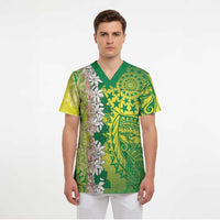 Cook Islands Tiare Maori With Conch Shell Scrub Top Pasifika Fest Polynesian Tattoo Green LT14 - Polynesian Pride