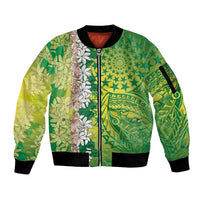 Cook Islands Tiare Maori With Conch Shell Sleeve Zip Bomber Jacket Pasifika Fest Polynesian Tattoo Green LT14 Unisex Green - Polynesian Pride