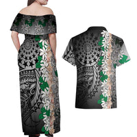 Cook Islands Tiare Maori With Conch Shell Couples Matching Off Shoulder Maxi Dress and Hawaiian Shirt Pasifika Fest Polynesian Tattoo Black