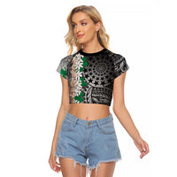 Cook Islands Tiare Maori With Conch Shell Raglan Cropped T Shirt Pasifika Fest Polynesian Tattoo Black LT14 Female Black - Polynesian Pride