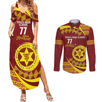 Personalised Tonga High School Couples Matching Summer Maxi Dress and Long Sleeve Button Shirt Happy 77 Years Anniversary LT14 Maroon - Polynesian Pride