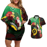 Long God Yumi Stanap Vanuatu Couples Matching Off Shoulder Short Dress and Hawaiian Shirt Tropical Flowers Aboriginal Pattern LT14 Green - Polynesian Pride