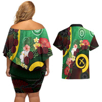 Long God Yumi Stanap Vanuatu Couples Matching Off Shoulder Short Dress and Hawaiian Shirt Tropical Flowers Aboriginal Pattern LT14 - Polynesian Pride