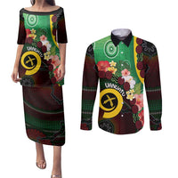 Long God Yumi Stanap Vanuatu Couples Matching Puletasi and Long Sleeve Button Shirt Tropical Flowers Aboriginal Pattern LT14 Green - Polynesian Pride