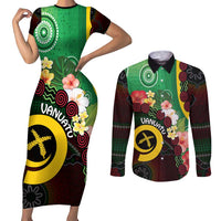 Long God Yumi Stanap Vanuatu Couples Matching Short Sleeve Bodycon Dress and Long Sleeve Button Shirt Tropical Flowers Aboriginal Pattern LT14 Green - Polynesian Pride