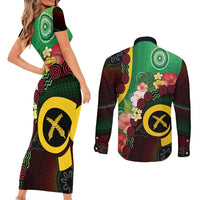 Long God Yumi Stanap Vanuatu Couples Matching Short Sleeve Bodycon Dress and Long Sleeve Button Shirt Tropical Flowers Aboriginal Pattern LT14 - Polynesian Pride