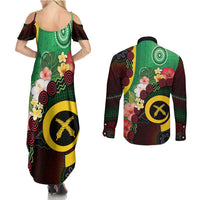 Long God Yumi Stanap Vanuatu Couples Matching Summer Maxi Dress and Long Sleeve Button Shirt Tropical Flowers Aboriginal Pattern LT14 - Polynesian Pride