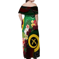Long God Yumi Stanap Vanuatu Off Shoulder Maxi Dress Tropical Flowers Aboriginal Pattern