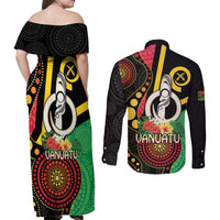 Tamtam Drum Vanuatu Couples Matching Off Shoulder Maxi Dress and Long Sleeve Button Shirt Boar Tusk Aboriginal Flag Style LT14 - Polynesian Pride