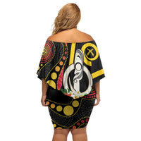Tamtam Drum Vanuatu Off Shoulder Short Dress Boar Tusk Aboriginal Flag Style