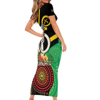 Tamtam Drum Vanuatu Short Sleeve Bodycon Dress Boar Tusk Aboriginal Flag Style
