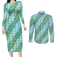 Hawaii Jade Vine Lei Couples Matching Long Sleeve Bodycon Dress and Long Sleeve Button Shirt Aloha Palaka Motif - Turquoise - Polynesian Pride