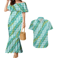 Hawaii Jade Vine Lei Couples Matching Mermaid Dress and Hawaiian Shirt Aloha Palaka Motif - Turquoise - Polynesian Pride