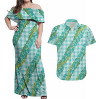 Hawaii Jade Vine Lei Couples Matching Off Shoulder Maxi Dress and Hawaiian Shirt Aloha Palaka Motif - Turquoise - Polynesian Pride