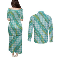 Hawaii Jade Vine Lei Couples Matching Puletasi and Long Sleeve Button Shirt Aloha Palaka Motif - Turquoise LT14 - Polynesian Pride