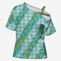 Hawaii Jade Vine Lei Cross Shoulder Shirt Aloha Palaka Motif - Turquoise LT14 Female Turquoise - Polynesian Pride