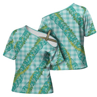 Hawaii Jade Vine Lei Cross Shoulder Shirt Aloha Palaka Motif - Turquoise LT14 - Polynesian Pride