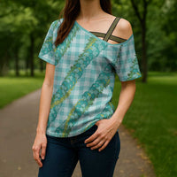Hawaii Jade Vine Lei Cross Shoulder Shirt Aloha Palaka Motif - Turquoise LT14 - Polynesian Pride