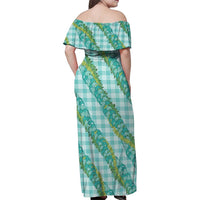 Hawaii Jade Vine Lei Family Matching Off Shoulder Maxi Dress and Hawaiian Shirt Aloha Palaka Motif - Turquoise - Polynesian Pride