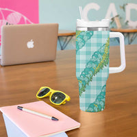 Hawaii Jade Vine Lei Tumbler With Handle Aloha Palaka Motif - Turquoise - Polynesian Pride