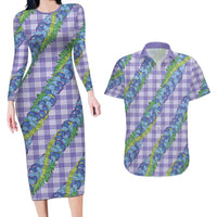 Hawaii Jade Vine Lei Couples Matching Long Sleeve Bodycon Dress and Hawaiian Shirt Aloha Palaka Motif - Purple - Polynesian Pride