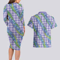 Hawaii Jade Vine Lei Couples Matching Long Sleeve Bodycon Dress and Hawaiian Shirt Aloha Palaka Motif - Purple - Polynesian Pride
