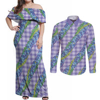 Hawaii Jade Vine Lei Couples Matching Off Shoulder Maxi Dress and Long Sleeve Button Shirt Aloha Palaka Motif - Purple - Polynesian Pride