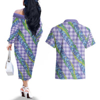 Hawaii Jade Vine Lei Couples Matching Off The Shoulder Long Sleeve Dress and Hawaiian Shirt Aloha Palaka Motif - Purple - Polynesian Pride