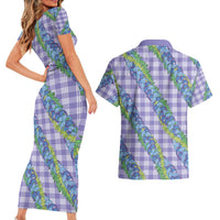 Hawaii Jade Vine Lei Couples Matching Short Sleeve Bodycon Dress and Hawaiian Shirt Aloha Palaka Motif - Purple - Polynesian Pride