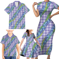Hawaii Jade Vine Lei Family Matching Short Sleeve Bodycon Dress and Hawaiian Shirt Aloha Palaka Motif - Purple - Polynesian Pride