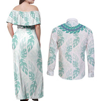 Jade Vine Lei Hawaii Couples Matching Off Shoulder Maxi Dress and Long Sleeve Button Shirt Aloha Seamless Tropical Leaves - Polynesian Pride