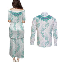 Jade Vine Lei Hawaii Couples Matching Puletasi and Long Sleeve Button Shirt Aloha Seamless Tropical Leaves LT14 - Polynesian Pride