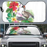 Aloha Hawaii Nene Goose Auto Sun Shade Tropical Flowers Watercolor Stylized LT14 White - Polynesian Pride