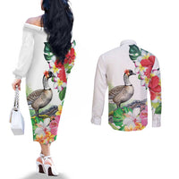Aloha Hawaii Nene Goose Couples Matching Off The Shoulder Long Sleeve Dress and Long Sleeve Button Shirt Tropical Flowers Watercolor Stylized - Polynesian Pride