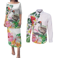 Aloha Hawaii Nene Goose Couples Matching Puletasi and Long Sleeve Button Shirt Tropical Flowers Watercolor Stylized LT14 White - Polynesian Pride