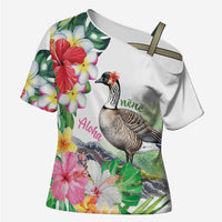 Aloha Hawaii Nene Goose Cross Shoulder Shirt Tropical Flowers Watercolor Stylized LT14 Female White - Polynesian Pride