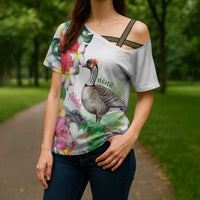 Aloha Hawaii Nene Goose Cross Shoulder Shirt Tropical Flowers Watercolor Stylized LT14 - Polynesian Pride