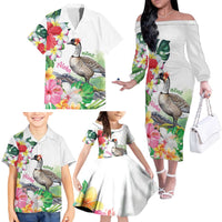 Aloha Hawaii Nene Goose Family Matching Off The Shoulder Long Sleeve Dress and Hawaiian Shirt Tropical Flowers Watercolor Stylized - Polynesian Pride