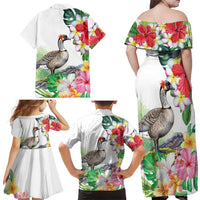 Aloha Hawaii Nene Goose Family Matching Off Shoulder Maxi Dress and Hawaiian Shirt Tropical Flowers Watercolor Stylized - Polynesian Pride
