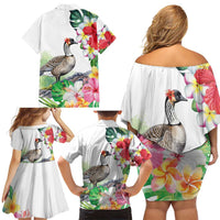 Aloha Hawaii Nene Goose Family Matching Off Shoulder Short Dress and Hawaiian Shirt Tropical Flowers Watercolor Stylized - Polynesian Pride