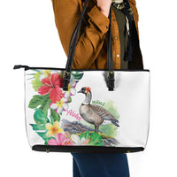 Aloha Hawaii Nene Goose Leather Tote Bag Tropical Flowers Watercolor Stylized - Polynesian Pride