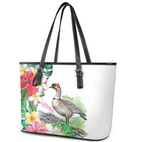 Aloha Hawaii Nene Goose Leather Tote Bag Tropical Flowers Watercolor Stylized - Polynesian Pride