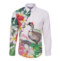 Aloha Hawaii Nene Goose Long Sleeve Button Shirt Tropical Flowers Watercolor Stylized LT14 Unisex White - Polynesian Pride