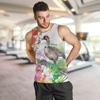 Aloha Hawaii Nene Goose Men Tank Top Tropical Flowers Watercolor Stylized LT14 White - Polynesian Pride