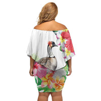 Aloha Hawaii Nene Goose Off Shoulder Short Dress Tropical Flowers Watercolor Stylized - Polynesian Pride