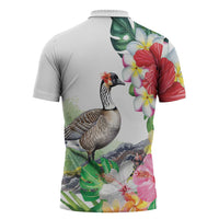 Aloha Hawaii Nene Goose Zipper Polo Shirt Tropical Flowers Watercolor Stylized - Polynesian Pride