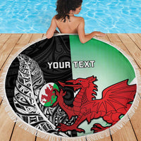 New Zealand and Wales Rugby Custom Beach Blanket Aotearoa All Black Combine Welsh Dragon - Polynesian Pride