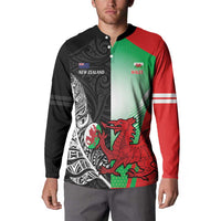 New Zealand and Wales Rugby Custom Button Sweatshirt Aotearoa All Black Combine Welsh Dragon - Polynesian Pride