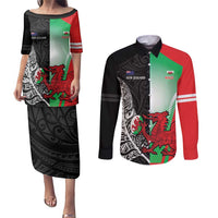 New Zealand and Wales Rugby Custom Couples Matching Puletasi and Long Sleeve Button Shirt Aotearoa All Black Combine Welsh Dragon - Polynesian Pride