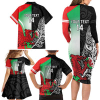 New Zealand and Wales Rugby Custom Family Matching Long Sleeve Bodycon Dress and Hawaiian Shirt Aotearoa All Black Combine Welsh Dragon - Polynesian Pride